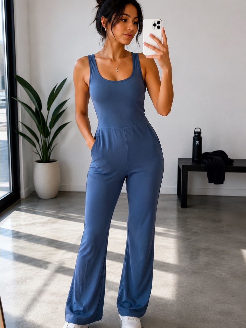 Blue Athletic Flare Jumpsuit Nylon Spandex Pockets Size M